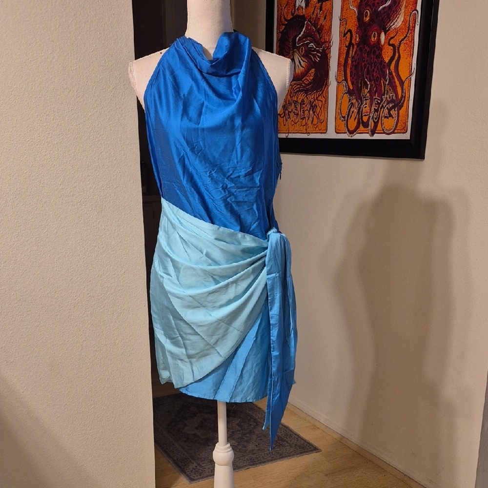 Hello Molly Multi Blue Wrap Backless Mini Dress